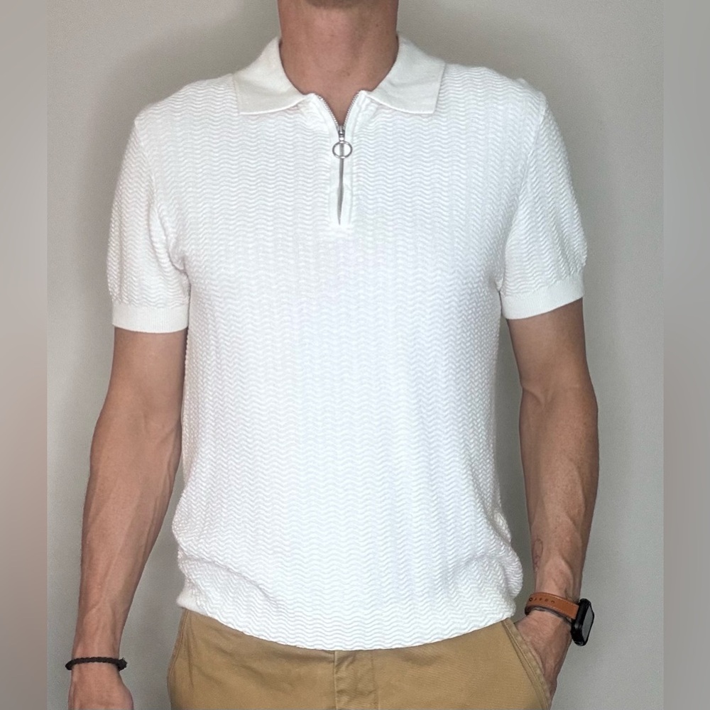H&M Textured Quarter-Zip Cream Polo